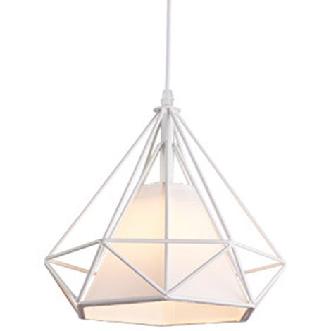 Lustre Suspension Cage Forme Diamant E27 25cm Lampe Abat-jour Metal Blanc Luminaire pour Chambre Salon