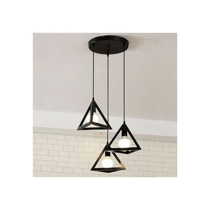 Stoex - Lustre suspension cage forme triangulaire fer noir, luminaire abat-jour métal 3 lampes intérieur Salle à Manger