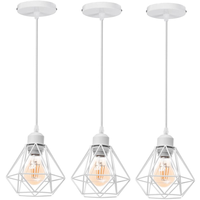 Wottes - E27 Lampe Suspension Vintage Industrielle Luminaire Suspension Cage Éclairage de Plafond en Métal Blanc Ø16CM - 3Pcs
