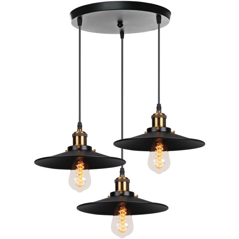 Wottes - Lustre Suspension Industrielle Vintage Lampe à Suspension Edison E27 Ø22CM 3 Luminaires pour Chambre Cuisine Bar - Noir
