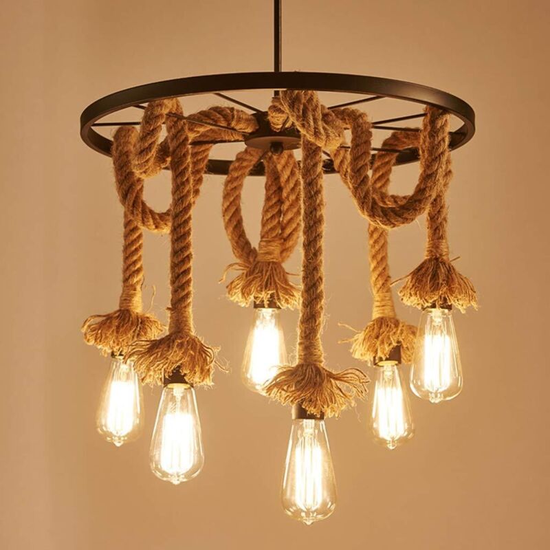 Lustre D'Intérieur Rétro Lampe à Suspension Vintage En Corde De Chanvre Plafonnier à Roue Créative 6 Lumières Pour Salon Loft Restaurant Bar