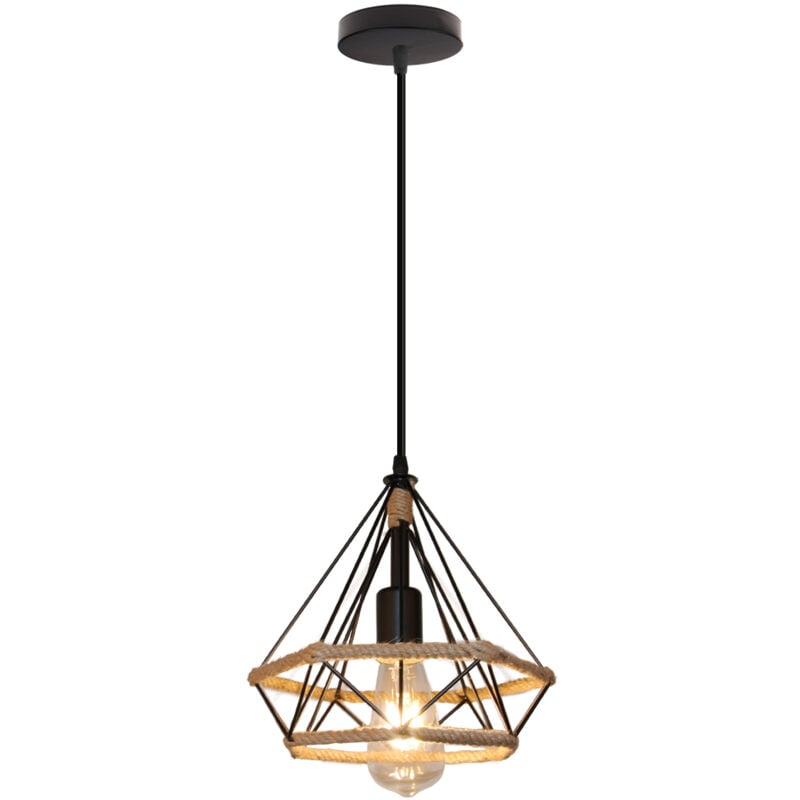 Wottes - Lustre Suspension en Corde de Chanvre E27 Suspension Luminaire Industriel Lampe à Suspension en Fer pour Chambre Salon Noir
