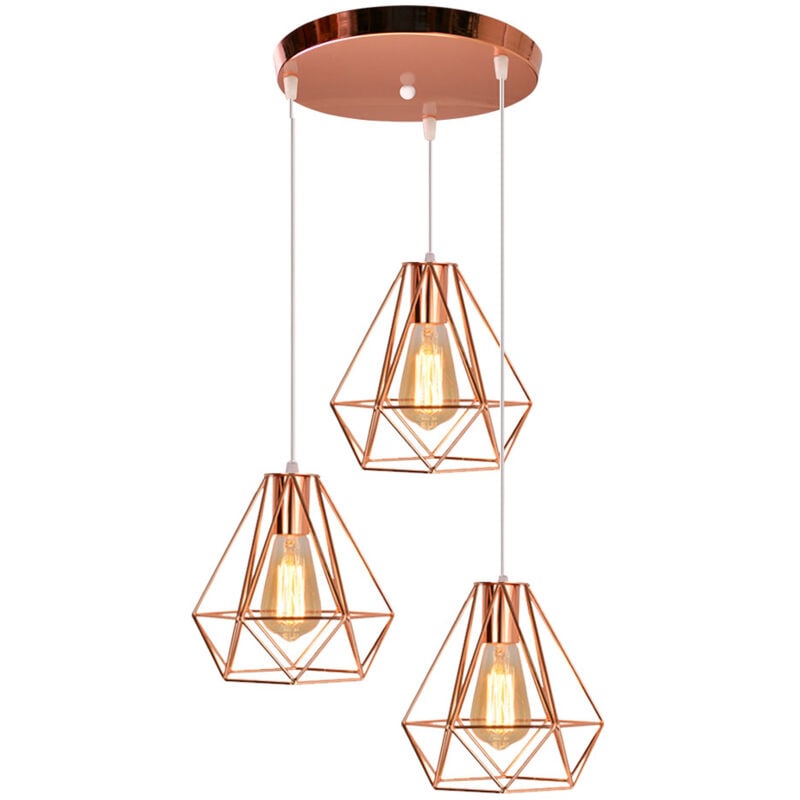 Lustre Suspension Industriel Vintage Lumières Suspension Forme Diamant 3 Lampes pour Chambre Salon Bar Rose Or