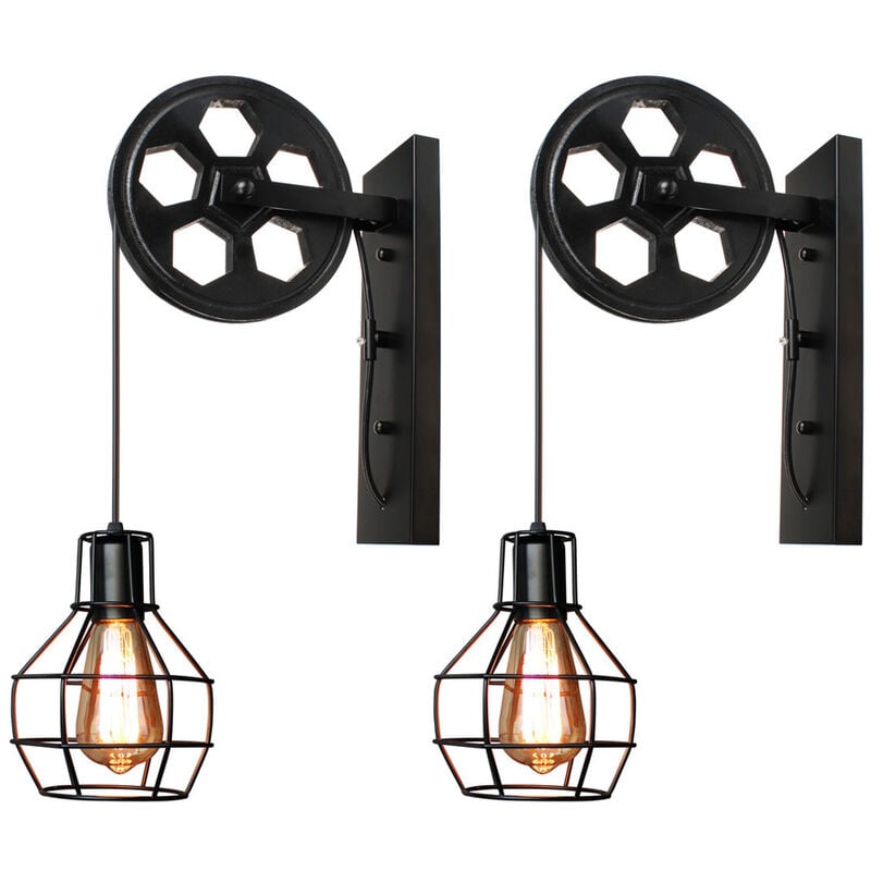 2 pcs Appliques Murales Industrielle Ajustable Lampe de Mur Vintage E27 pour Salon Chambre Café Noir