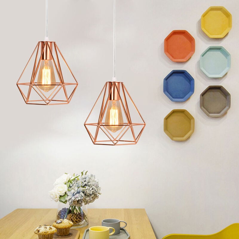 Retro Lustre Suspension Industrielle E27 Plafonnier Lampe Abat-jour Forme Diamant Luminaire pour Salon Chambre Couloir Or Rose 2PCS