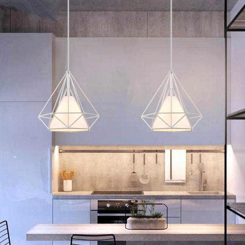 2pcs Lustre Suspension Cage Forme Diamant E27 25cm Lampe Abat-jour Metal Blanc Luminaire pour Chambre Salon