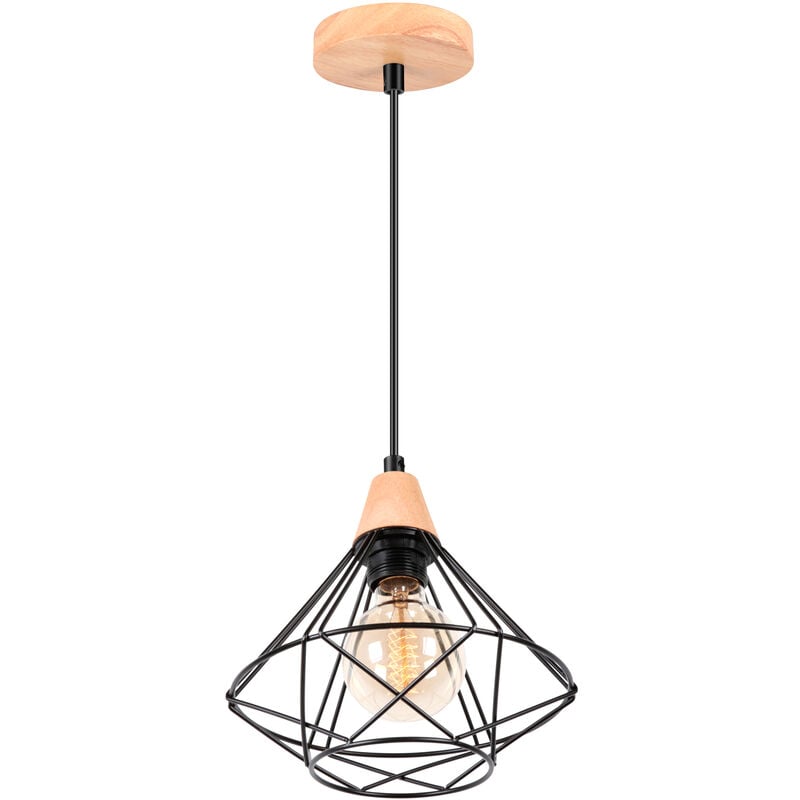 Lustre Suspension Cage Design en Métal et Bois Rétro Lampe Plafonnier Luminaire pour Chambre Couloir Escalier Noir