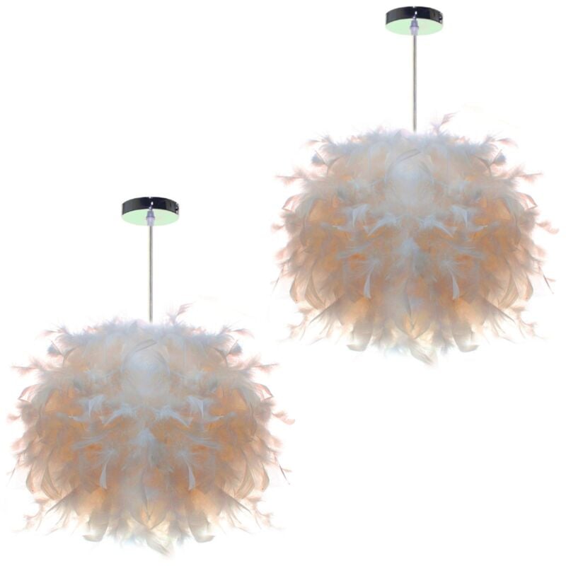 Lustre Suspension Moderne Suspension Luminaire Abat-Jour en Plume Lustre Blanch Ø24CM E27 pour Salon Chambre Bureau - 2Pcs
