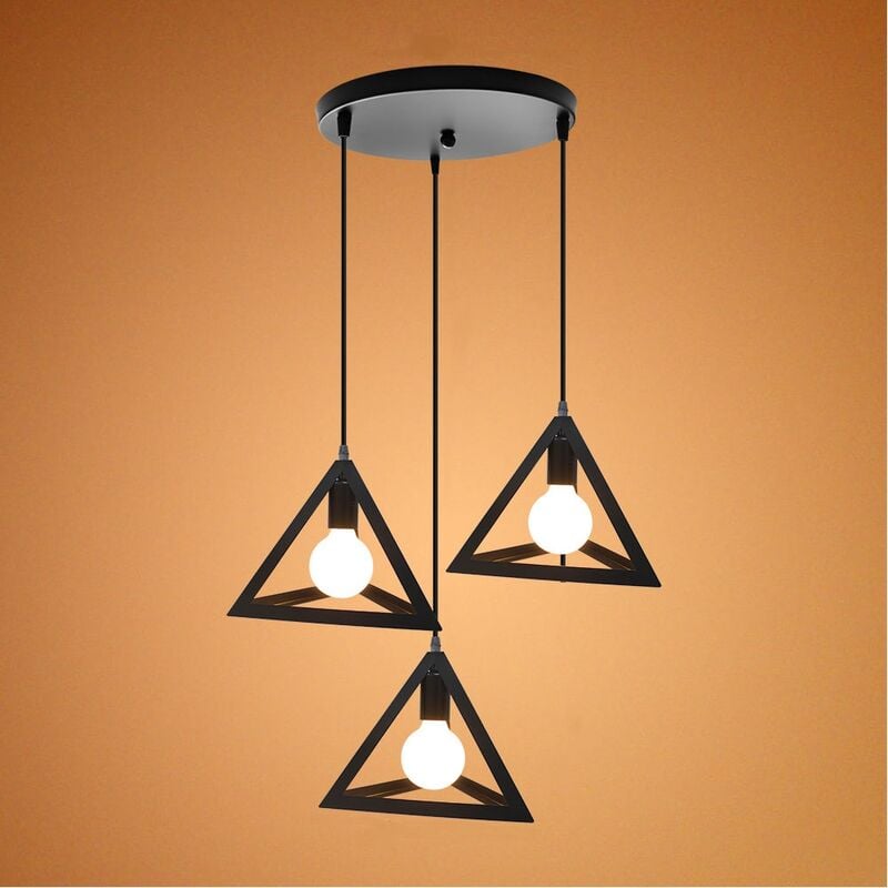Lustre Suspension Moderne Triangle Lustre Abat-jour 3 Lumières E27 Lampe de Suspension avec Base Ronde pour Chambre Salon Bar Noir