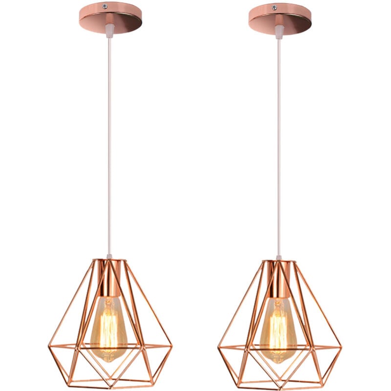 Wottes - E27 Lustre Suspension Industriel Lampe de Suspension Métal Luminaire Plafonnier Diamant Rose pour Salon Chambre - 2Pcs