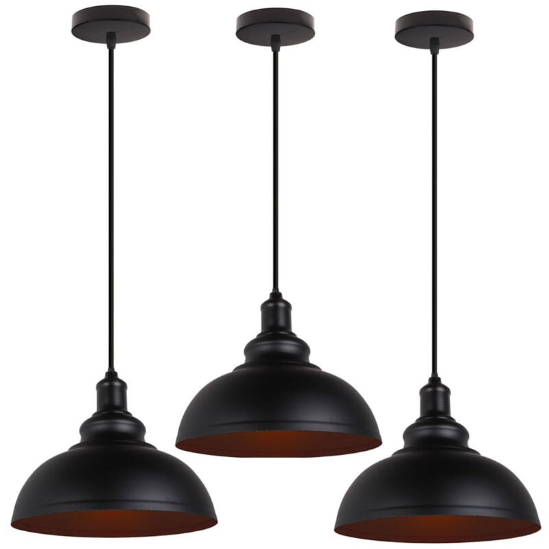 Lustre Suspension Industriel Rétro E27 Lampe Plafonnier Abat-jour Fer Suspension Luminaire Réglable Noir Ø29CM - 3Pcs