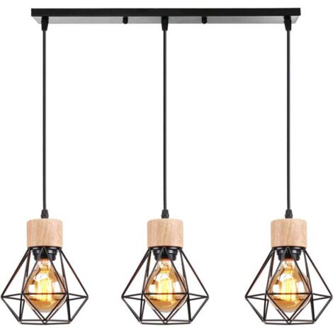 Lustre Suspension Industriel Vintage 3 Lumière Interieur, Stoex Lampe en Bois et Métal Douille E27 Lampe Cage Diamant Rétro pour Salon, Chambre, Cuisine,Restaurant, E27, Noir