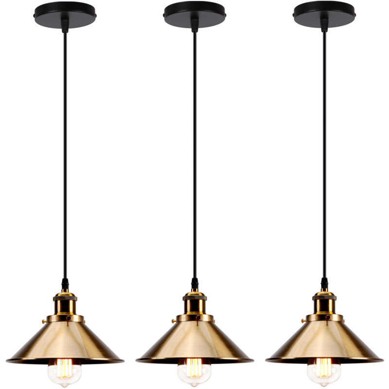 Lustre Suspension Industriel Vintage E27 Luminaire Plafonnier Métal Lampe à Suspension Réglable Ø22CM Or - 3Pcs
