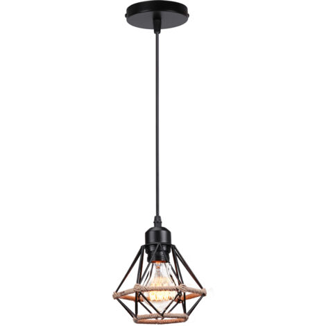 Lustre Suspension Industriel Vintage Interieur Cage en forme Diamant en Métal avec Corde de Chanvre Fer Plafonnier Luminaire pour Salon Salle Chambre Déco, Noir