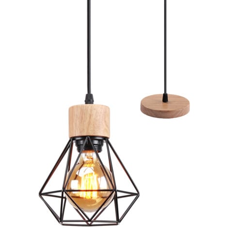 Lustre Suspension Industriel Vintage Interieur, Stoex Lampe de Plafond en Bois et Métal Douille E27 Cage Diamant Rétro pour Salon, Chambre, Cuisine,Restaurant, E27, Noir
