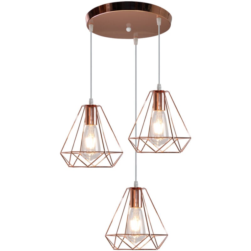 Lustre Suspension Industriel Vintage Lumières Suspension Forme Diamant 3 Lampes pour Chambre Salon Bar Rose