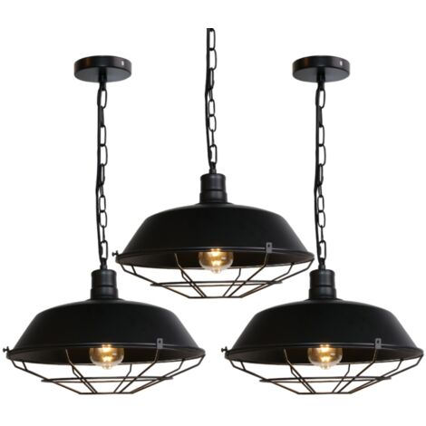 Lustre Suspension Industriel Vintage Luminaire Plafonnier Abat-jour Métal Lampe à Suspension Réglable E27 Noir Ø36CM - 3Pcs