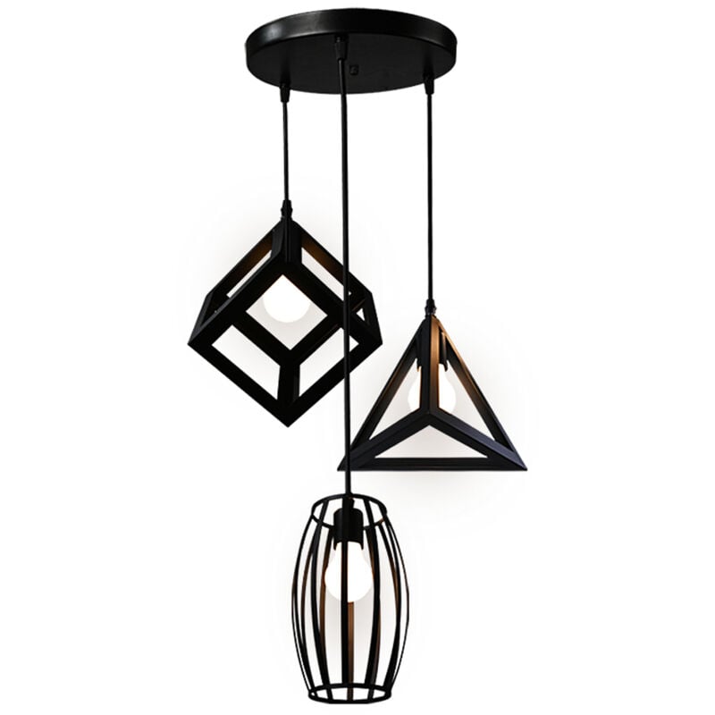 Lustre Suspension Industriel Vintage E27 Lampe Suspension Métal 3 Lumières Décoration Intérieure pour Chambre Restaurant Bar Noir