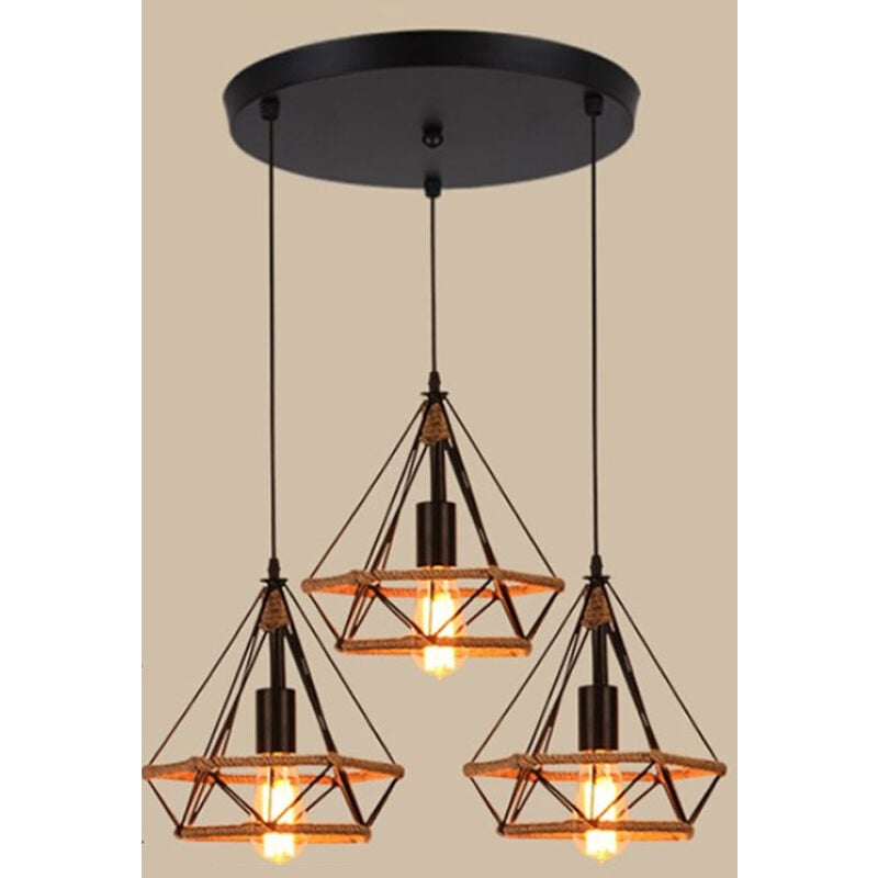 Lustre Suspension Industriele Cage Forme Diamant Lampe de Corde de Chanvre en Métal
