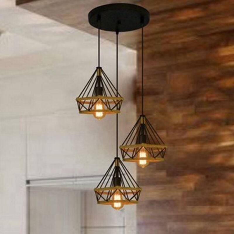 Suspension Luminaire En Corde De Chanvre Lustre Rétro À 3 Lumières Plafonnier Diamant Noire Pour Bureau, Couloir, Restaurant, Loft, Bar, Café, 25Cm