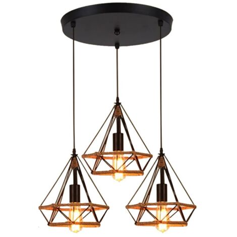 Lustre Suspension Industrielle 25cm en forme Diamant Corde de Chanvre Ajustable Luminaire pour Salle à Manger,Bar,Chambre