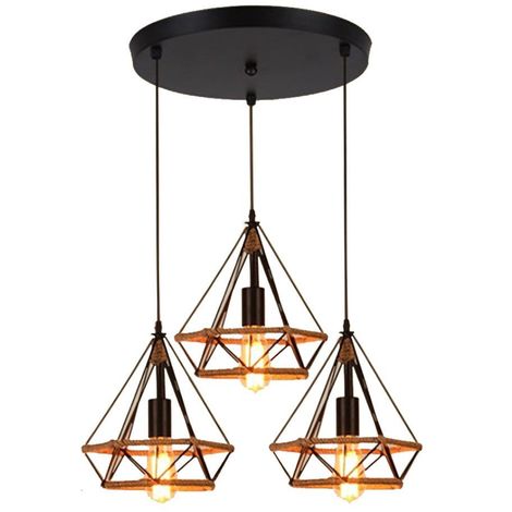 Lustre Suspension Industrielle 25cm en forme Diamant Corde de Chanvre Ajustable Luminaire pour Salle à Manger,Bar,Chambre