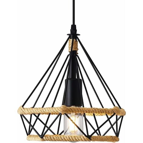 Lustre Suspension Industrielle 25cm en forme Diamant Corde de Chanvre Noir