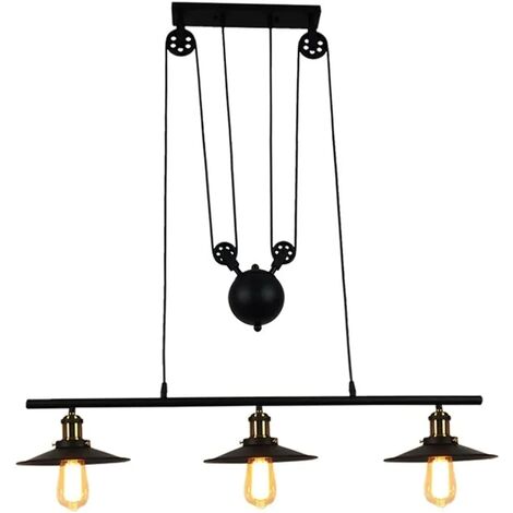 Lustre suspension industrielle 3 lampe triple piattino poulie lumières, Rétro lustre industriel vintage pour salon restaurant cuisine bar