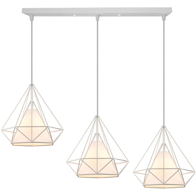 3 Lumière Suspension Rétro Industrielle Cage Diamant en Métal E27 Lustre Suspension 25cm Blanc