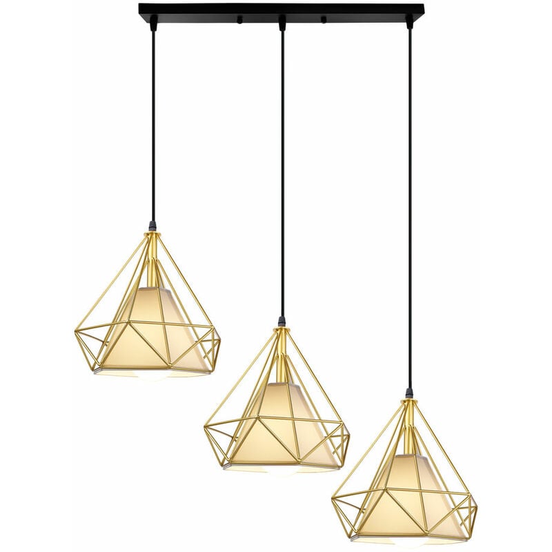 3 Lumière Suspension Rétro Industrielle Cage Diamant en Métal E27 Lustre Suspension 25cm Doré et Noir