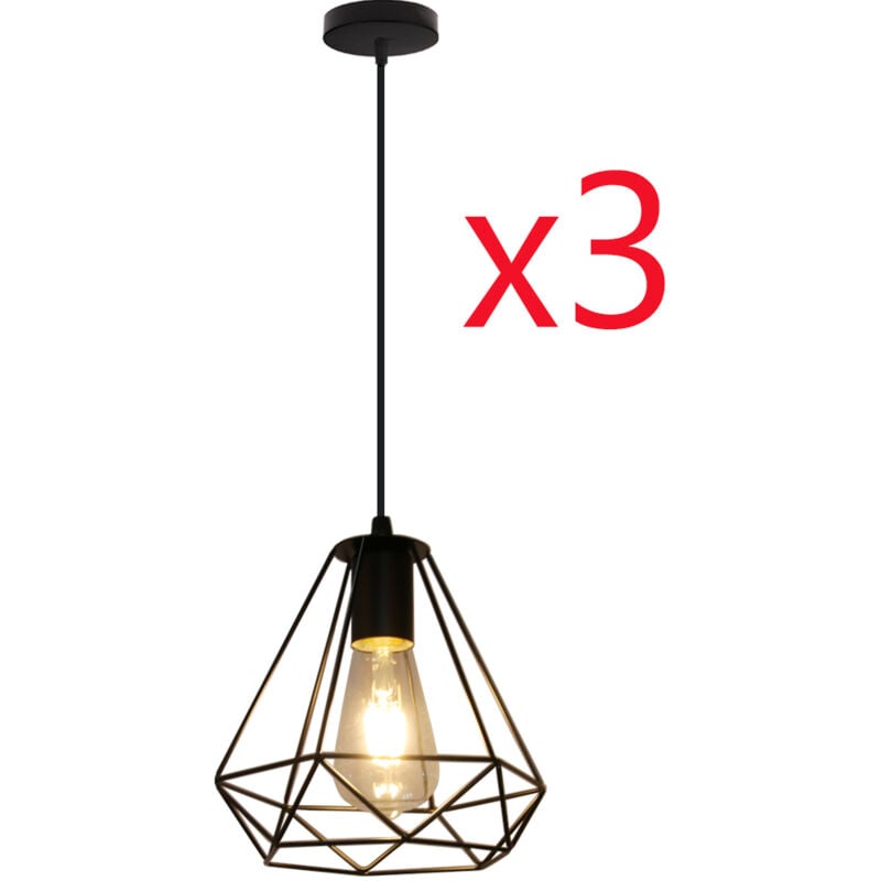 E27 Métal Suspension Luminaire Lampe Industrielle Vintage Plafonnier Luminaire Cage Diamant Pendant Eclairage Noir 3PCS