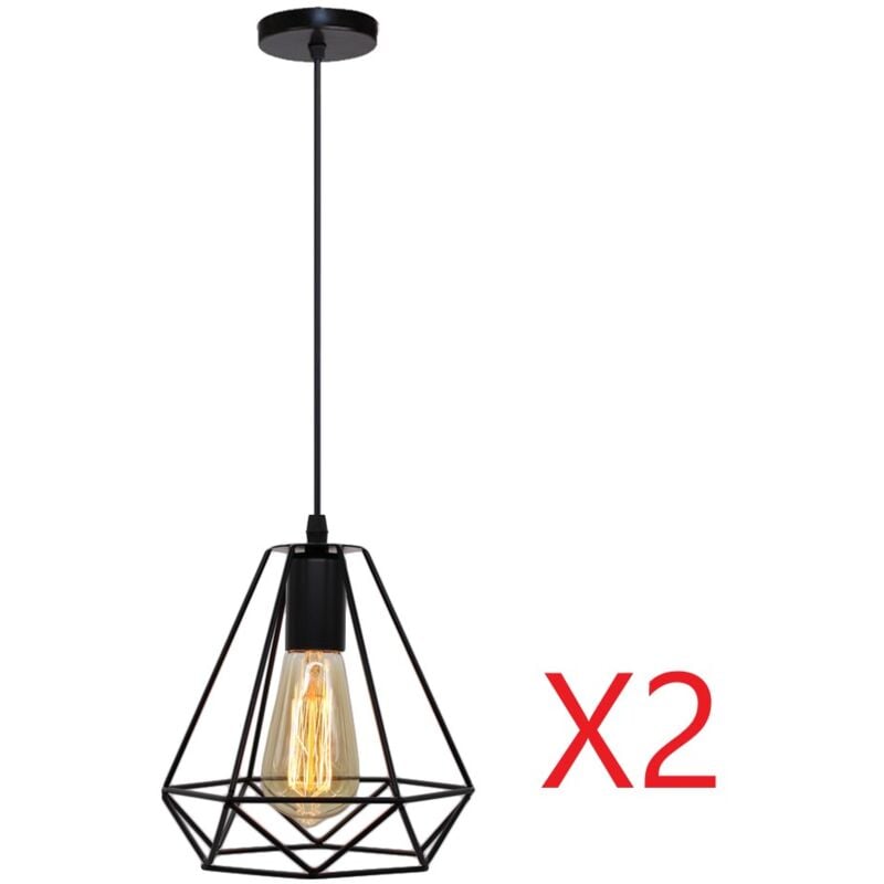 E27 Métal Suspension Luminaire Lampe Industrielle Vintage Plafonnier Luminaire Cage Diamant Pendant Eclairage Noir 2PCS
