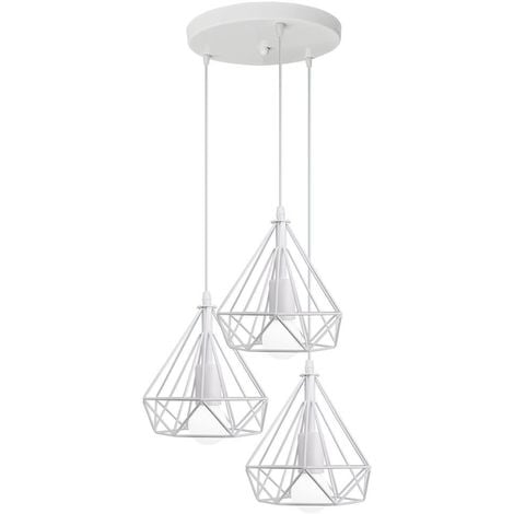 Lustre Suspension Industrielle Cage diamant Vintage E27 , Lampe de Plafond Abat-Jour Luminaire pour Restaurant Bar Café ,Blanc