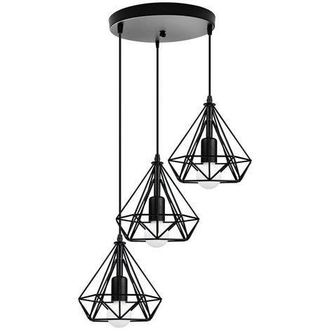 Lustre Suspension Industrielle Cage diamant Vintage E27 , Lampe de Plafond Abat-Jour Luminaire pour Restaurant Bar Café ,Noir