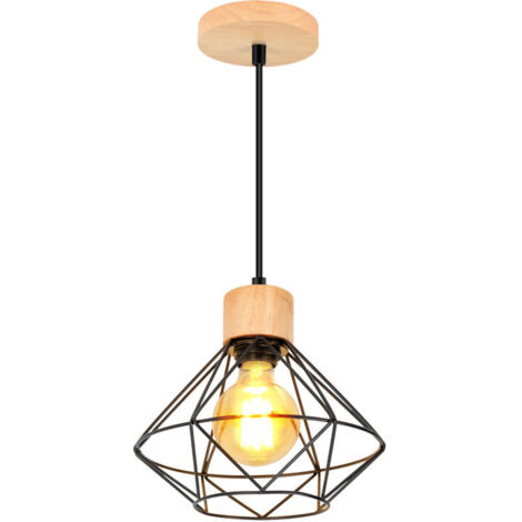 Lustre Suspension Industrielle Cage Plafonnier en Métal et Bois Luminaire Corde Ajustable pour Salon Chambre Cuisine Couloir, 22CM Noir