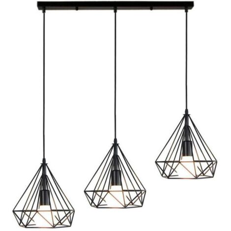 Lustre Suspension Industrielle de 3 lampes, Plafonnier en Métal Fer Abat-Jour forme diamant Luminaire pour Salon Salle à Manger Bar, E27 Noir