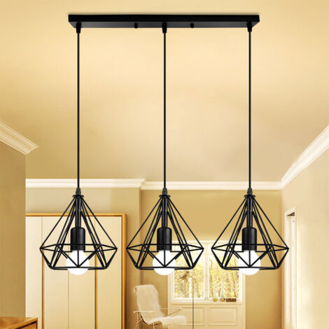 Lustre Suspension Industrielle de 3 Luminaire Cage Diamant Vintage , E27 Lampe de Plafond Abat-Jour pour Restaurant Bar Café - Noir