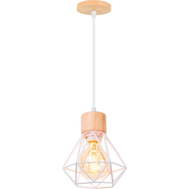 Lustre Suspension Cage Diamant en Métal E27 Plafonnier Luminaire en Bois Blanc