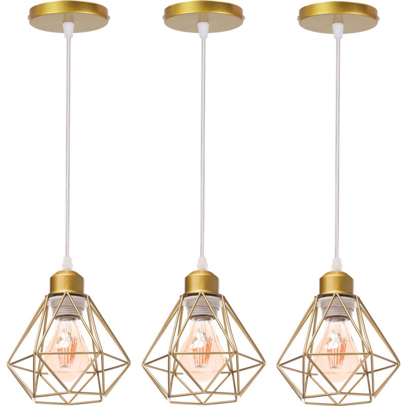 E27 Lampe Suspension Vintage Industrielle Luminaire Suspension Cage Éclairage de Plafond en Métal Or Ø16CM - 3Pcs