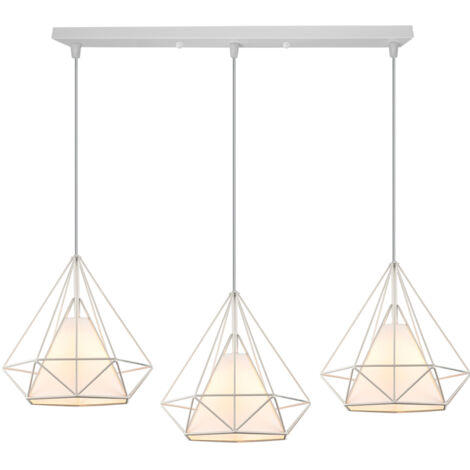 Lustre Suspension Industrielle en forme Diamant 25cm Lampes de Plafond Abat-Jour Cage en Fer Luminaire Corde Ajustable Salle à Manger,Bar,Chambre Blanc