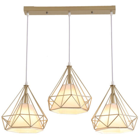Lustre Suspension Industrielle en forme Diamant 25cm Lampes de Plafond Abat-Jour Cage en Fer Luminaire Corde Ajustable Salle à Manger,Bar,Chambre Doré