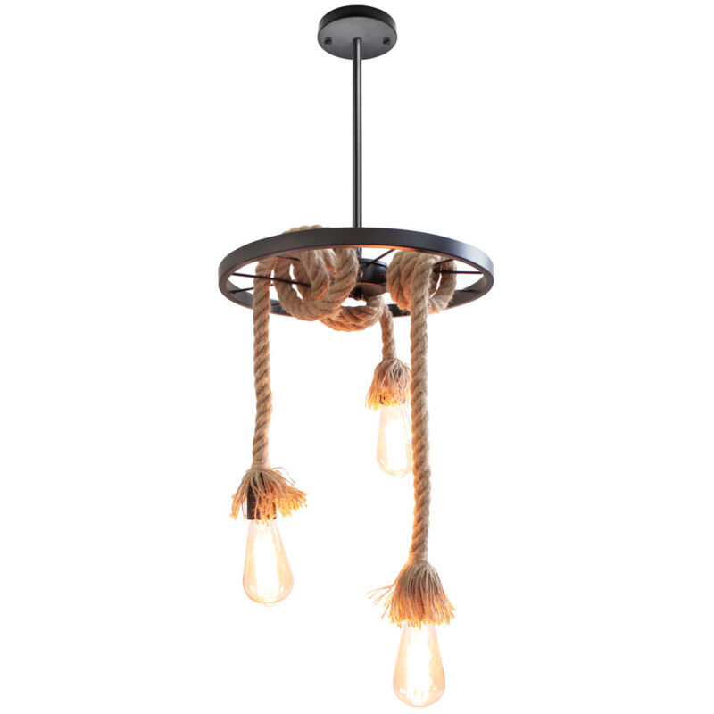 Lustre Suspension Industrielle Rétro Suspension Luminaire en Corde de Chanvre Lampe à Suspension Creative diy 3 Lumières E27 Ø35CM Noir - 1Pcs