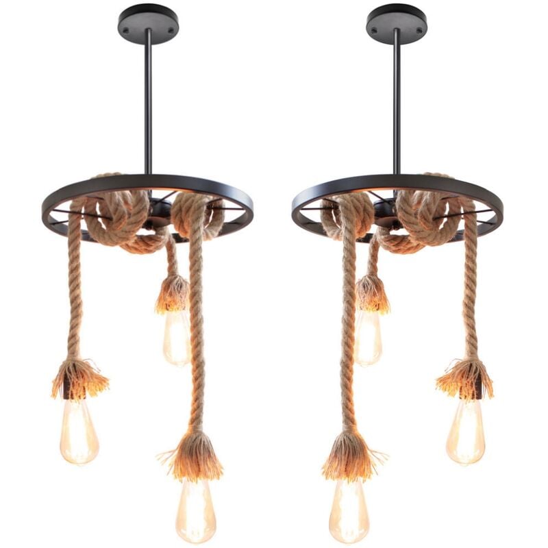 Wottes - Lustre Suspension Industrielle Rétro Suspension Luminaire en Corde de Chanvre Lampe à Suspension Creative diy 3 Lumières E27 Ø35CM Noir