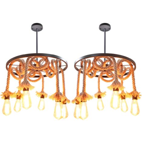 Lustre Suspension Industrielle Rétro en Corde de Chanvre 3 Lumières E27 pour Salon Cuisine Restaurant Bar Ø50cm Noir - 2Pcs