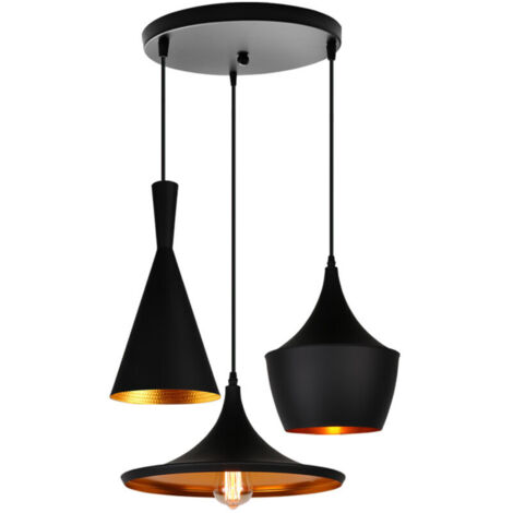 Lustre Suspension Industrielle Vintage forme Instrument de Musique 3 E27 Lampe Lumière Noir Or pour Salon Restaurant Bar Cuisine