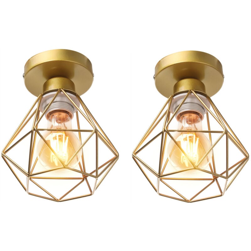 Wottes - Plafonnier Industriel E27 Vintage Luminaire Suspension de Plafond Abat-jour Diamant Ø16CM pour Chambre Couloir Or - 2Pcs