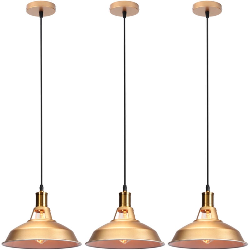Lustre Suspension Industrielle Vintage Luminaire Plafonnier Abat-jour en Métal Lampe à Suspension Ajustable E27 Ø27CM Or - 3Pcs