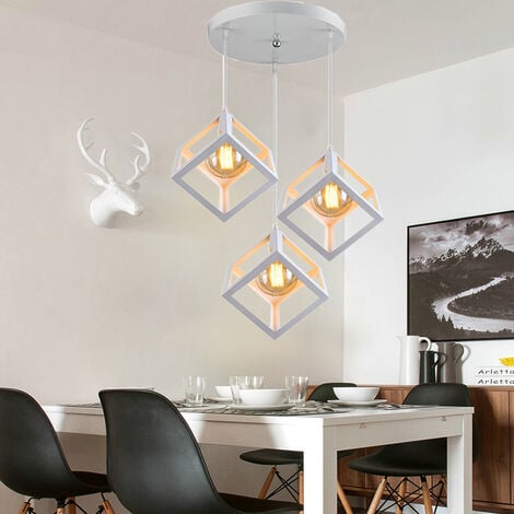 Lustre Suspension LED 3 Lampe Cube Carré en Métal Luminaire Design Industrielle Eclairage Plafond Lumiaire Salon Cuisine Couloir Blanc