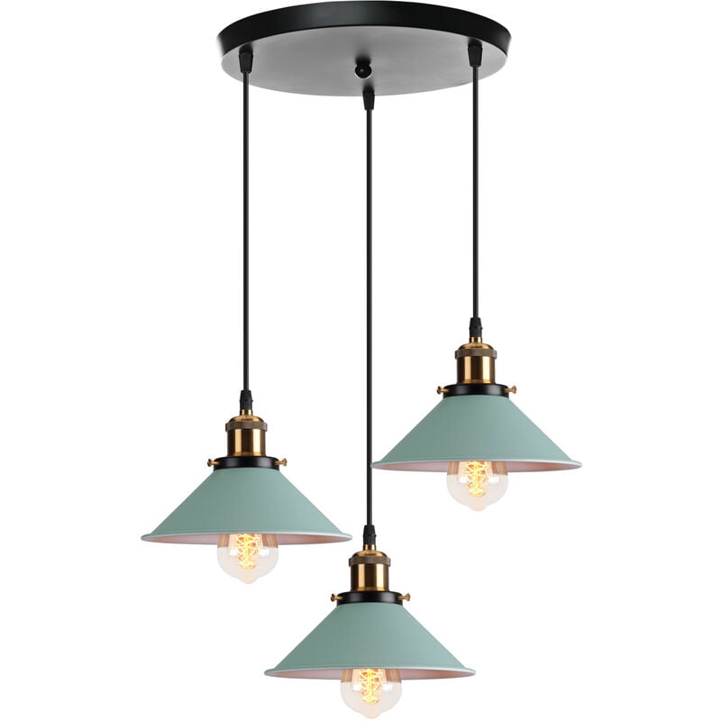 Lustre - suspension Luminaire Abat-jour Metal Lampe Suspension E27 22cm Vert 3 Tête avec Base Ronde