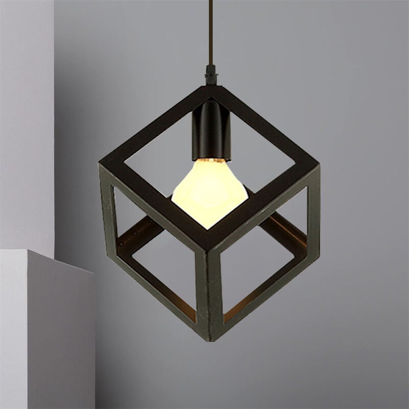Lustre - suspension Luminaire Abat-jour Cube Carré en Métal Lampe Suspension E27 Noir